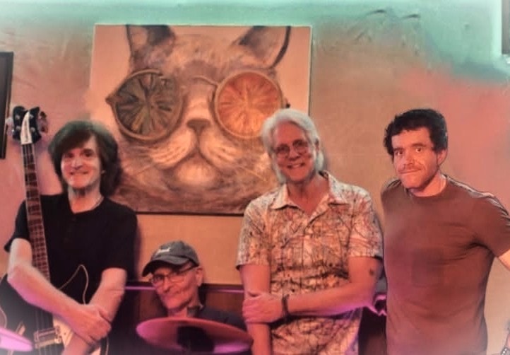 The Abbey Cats posing together with instruments and cat artwork